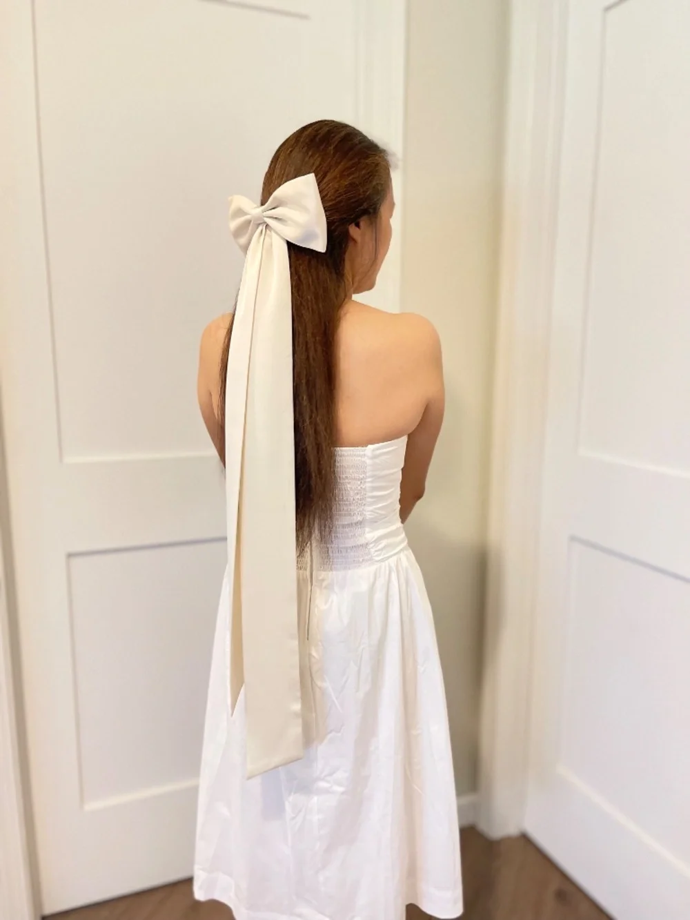 Handmade White Satin Wedding Hair Bow with Long Tails